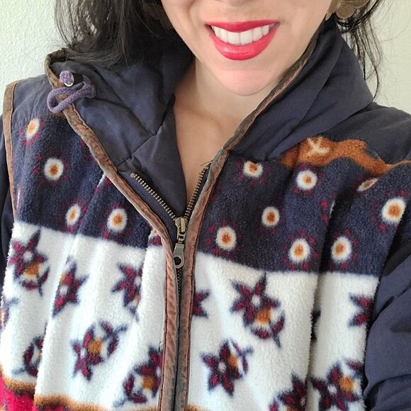 East West large floral southwestern vintage chunky jacket hoodie navy cream moun - Picture 2 of 7